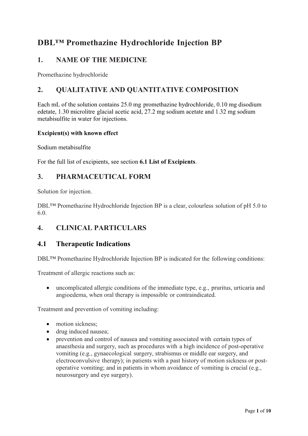 DBL™ Promethazine Hydrochloride Injection BP