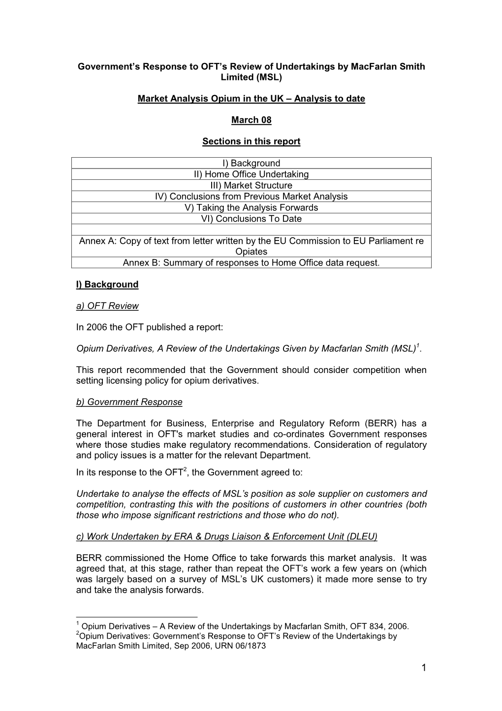 Government's Response to OFT's Review of Undertakings by Macfarlan Smith Limited