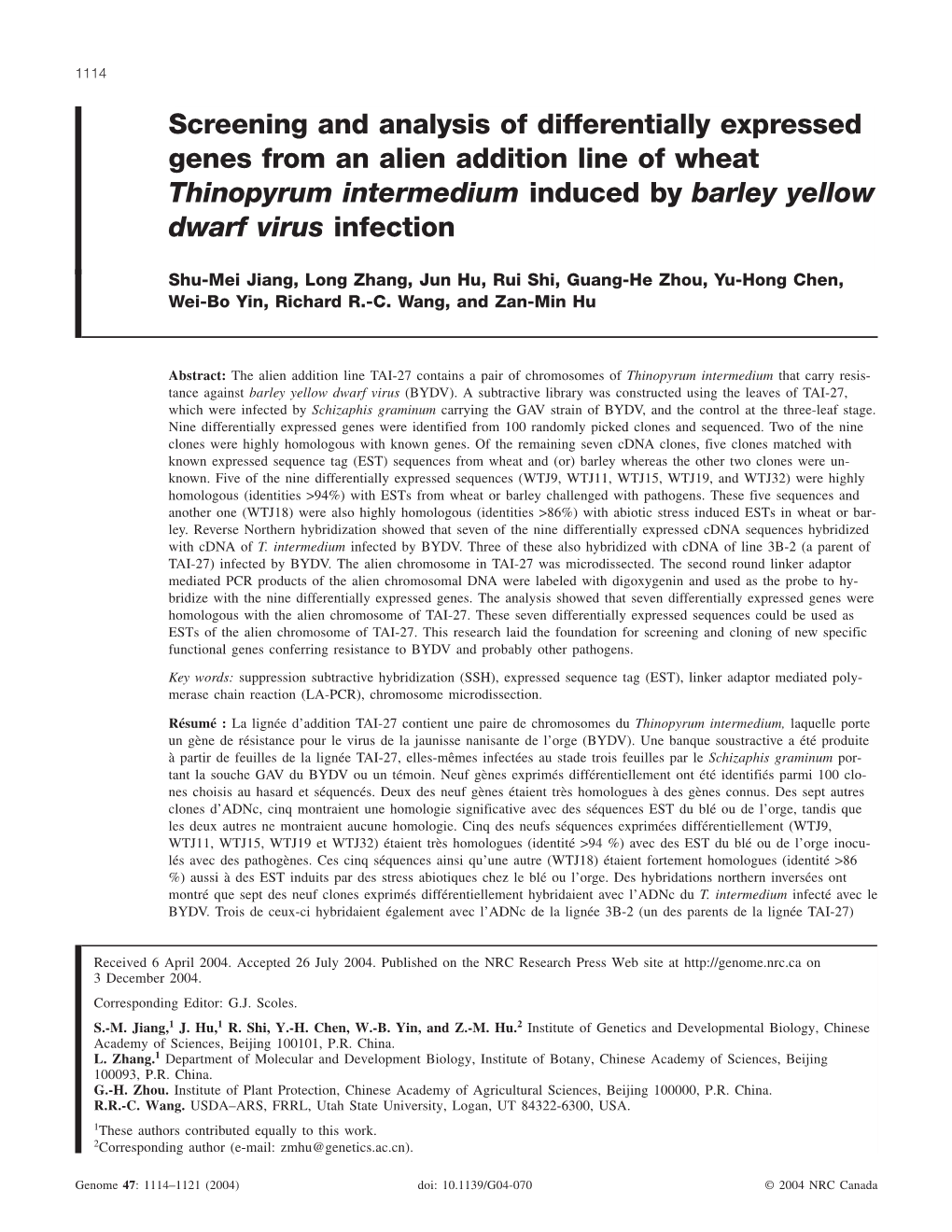 Screening and Analysis of Differentially Expressed Genes from an Alien Addition Line of Wheat Thinopyrum Intermedium Induced by Barley Yellow Dwarf Virus Infection