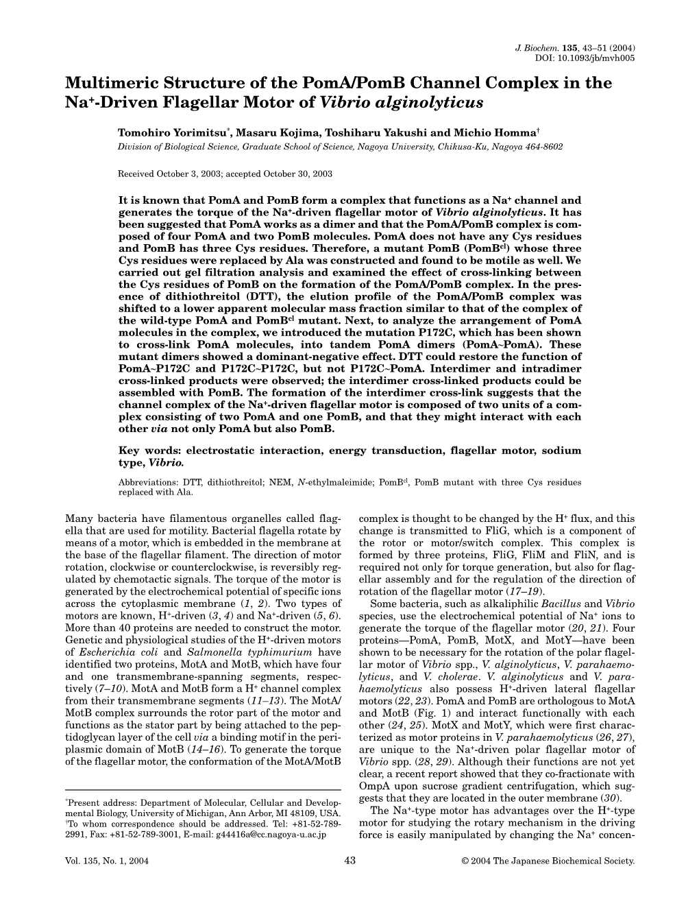 Multimeric Structure of the Poma/Pomb Channel Complex in the Na+-Driven Flagellar Motor of Vibrio Alginolyticus