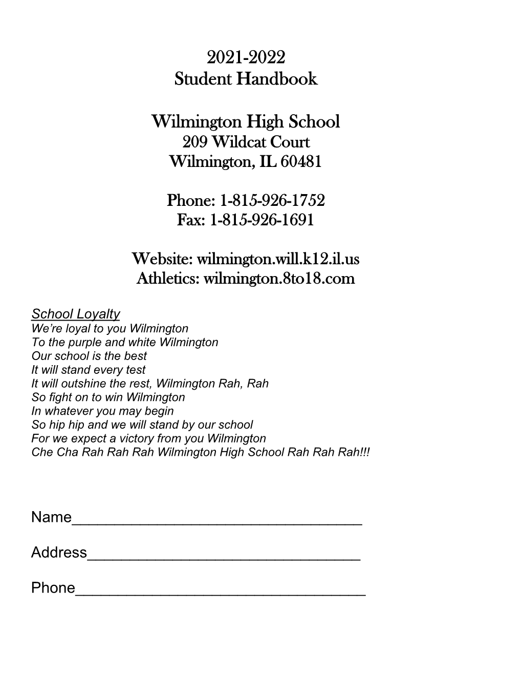 2021-2022 Student Handbook Wilmington High School