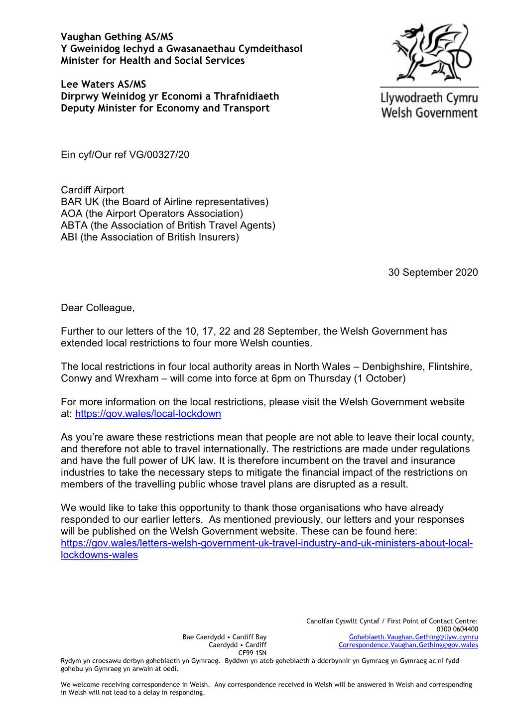 Letter of 30 September from the Minister for Health