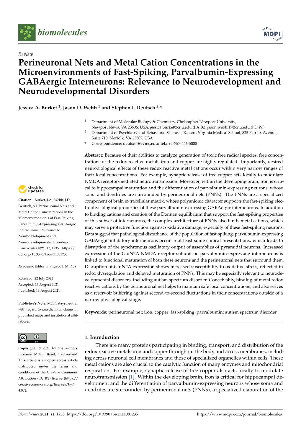 Perineuronal Nets and Metal Cation Concentrations in The