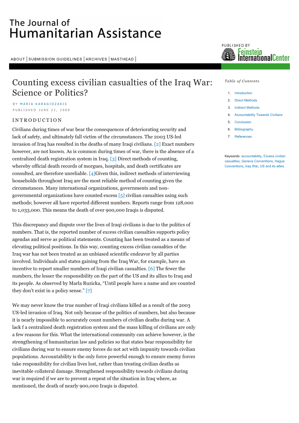Counting Excess Civilian Casualties of the Iraq War: Table of Contents Science Or Politics? 1