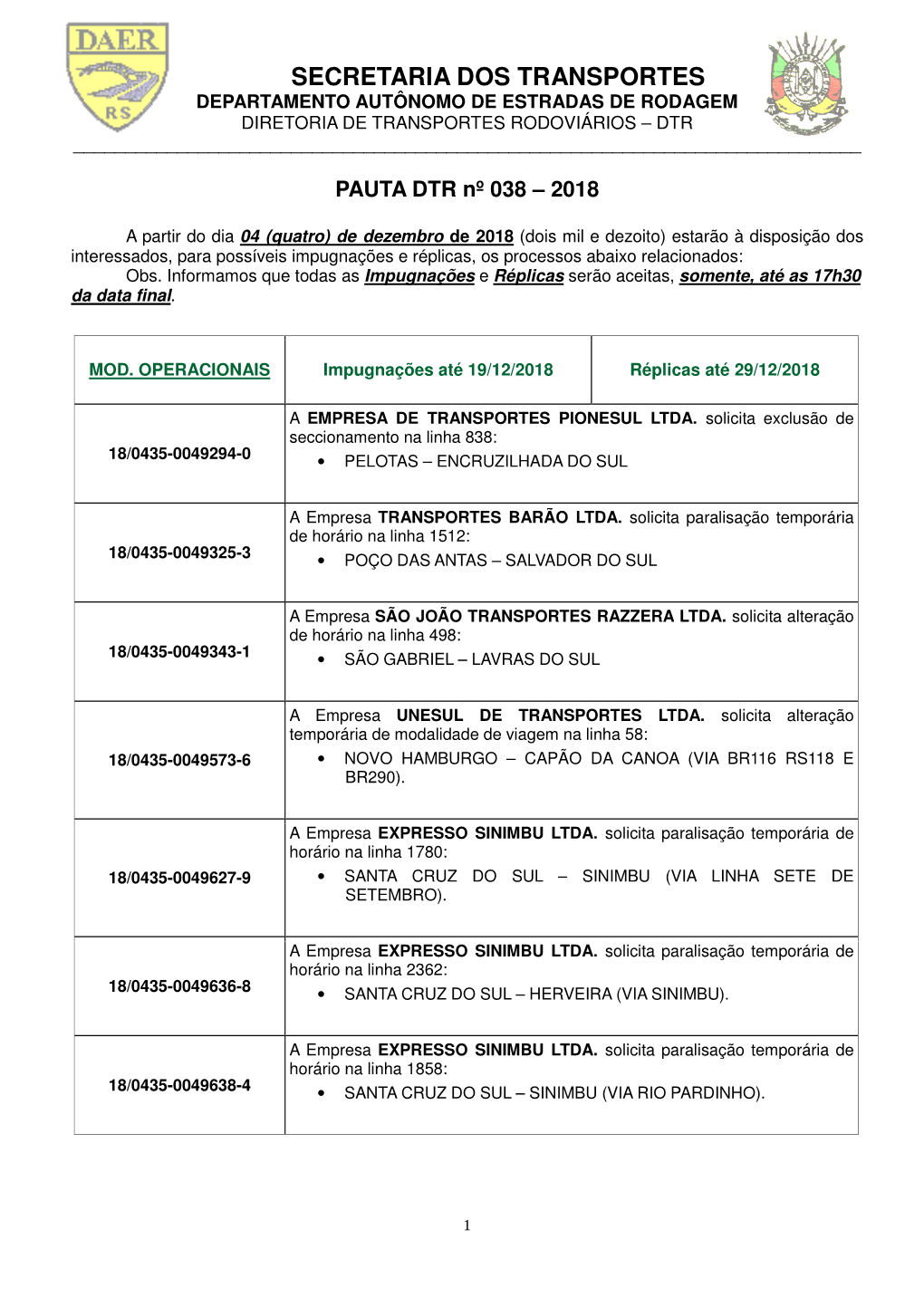 Secretaria Dos Transportes Departamento Autônomo De Estradas De Rodagem Diretoria De Transportes Rodoviários – Dtr ______