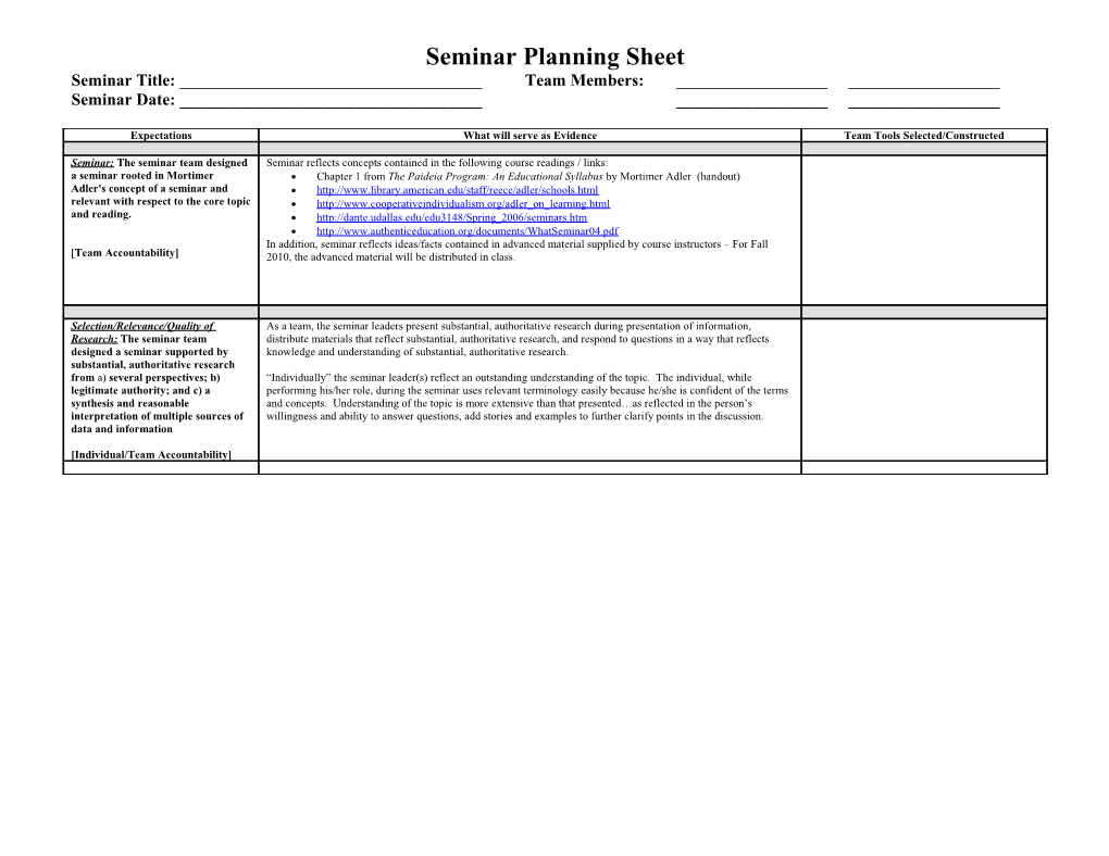 Seminar Planning Sheet