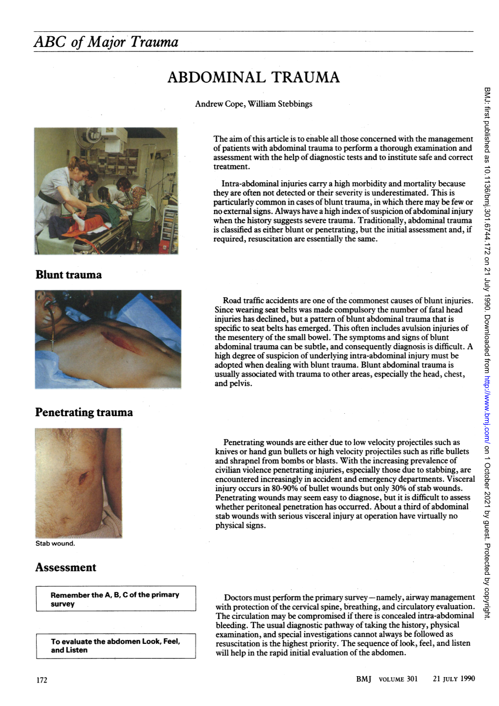 ABC Ofmajor' Trauma ABDOMINAL TRAUMA BMJ: First Published As 10.1136/Bmj.301.6744.172 on 21 July 1990