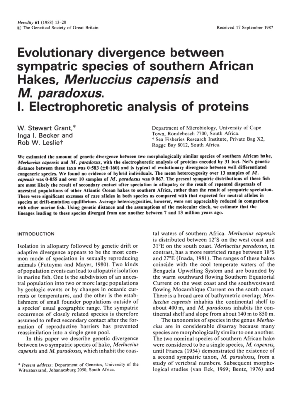 Evolutionary Divergence Between Sympatric Species of Southern African Hakes, Merluccius Capensis and M