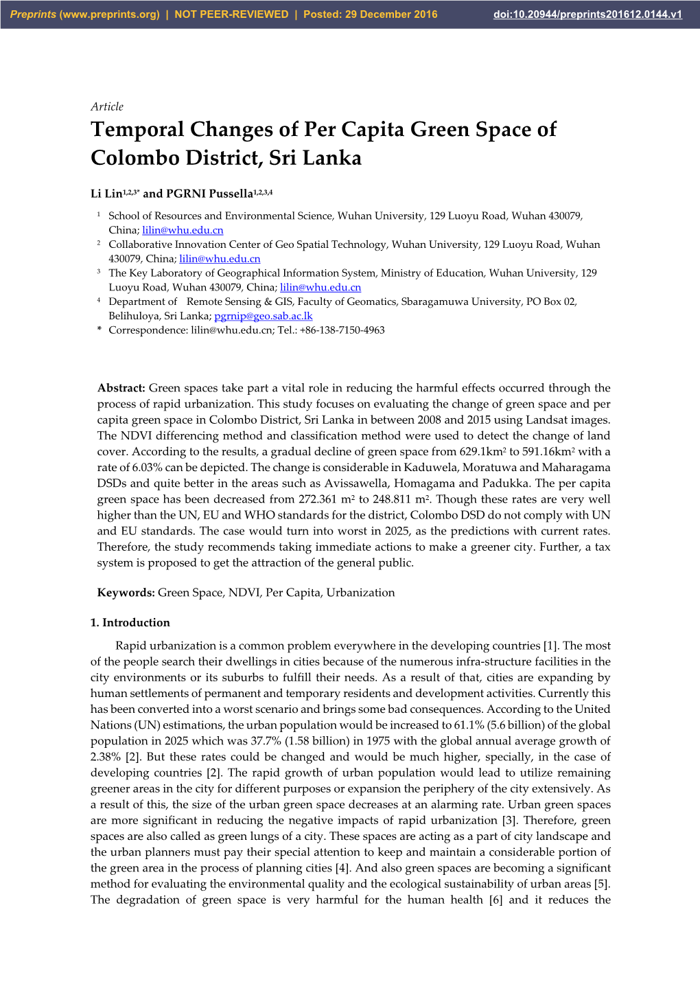 Temporal Changes of Per Capita Green Space of Colombo District, Sri Lanka