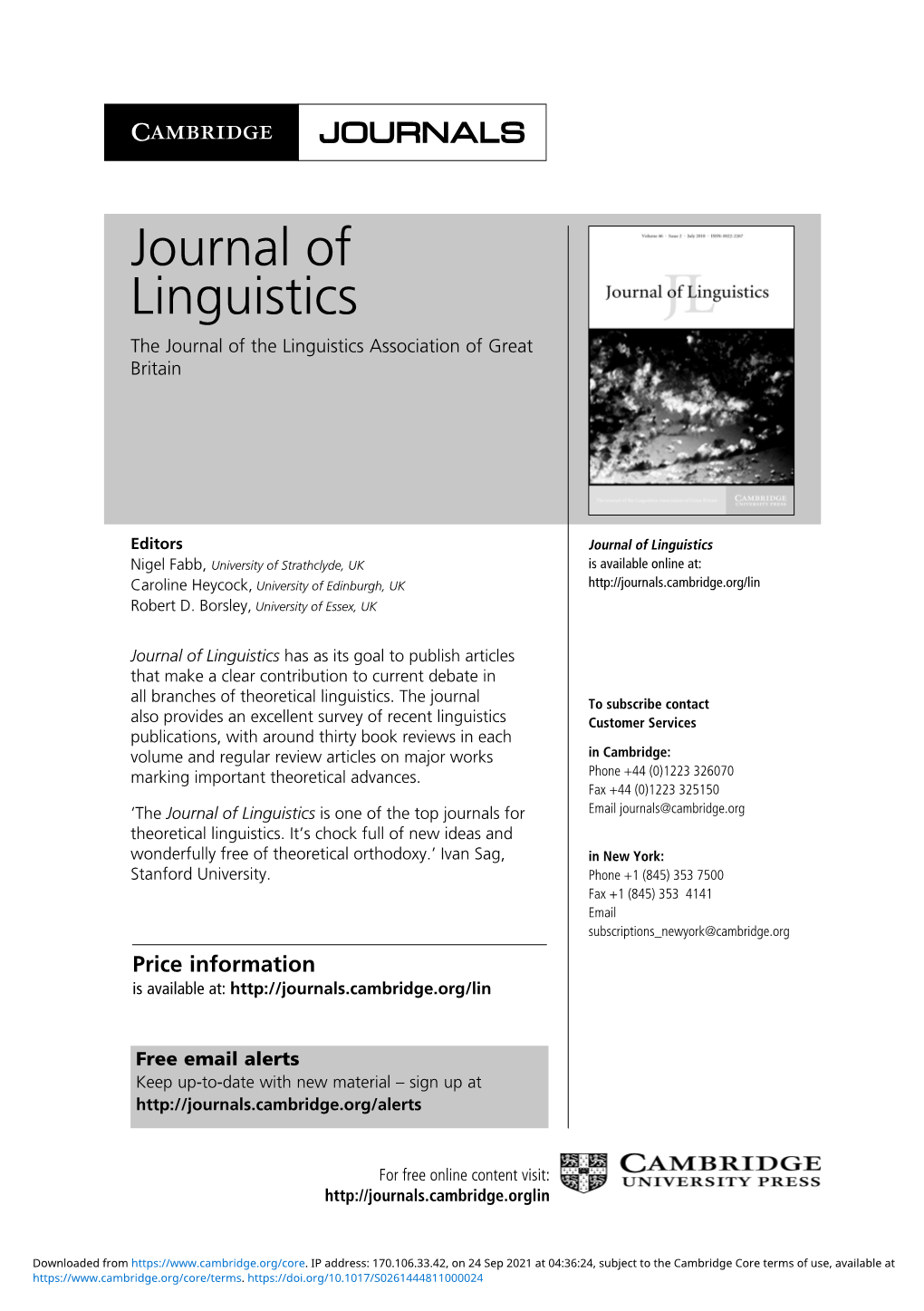 Journal of Linguistics the Journal of the Linguistics Association of Great Britain