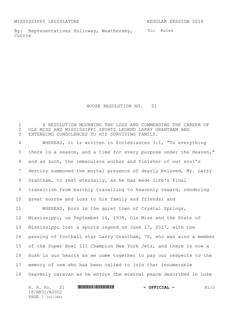 MISSISSIPPI LEGISLATURE REGULAR SESSION 2018 By