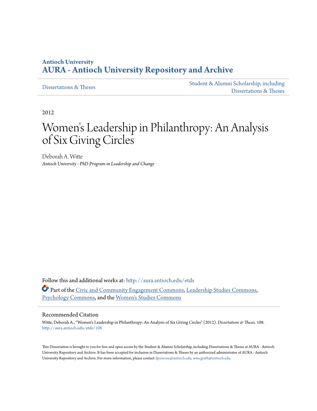 Women's Leadership in Philanthropy: an Analysis of Six Giving Circles Deborah A