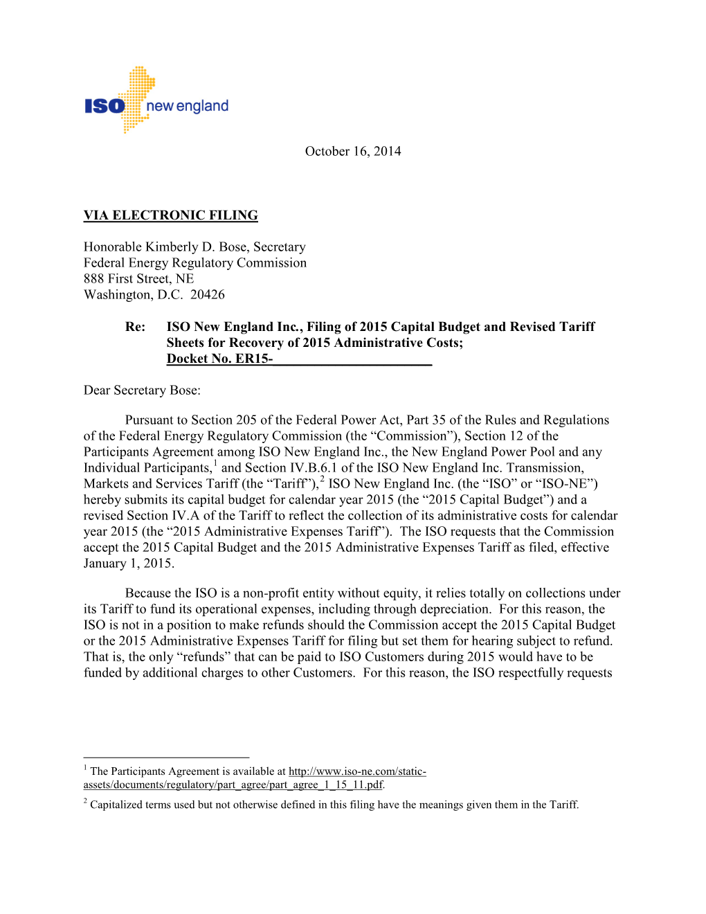 October 16, 2014 VIA ELECTRONIC FILING