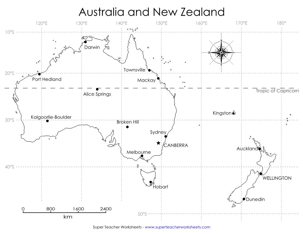 Australia and New Zealand 120°E 130°E 140°E 150°E 160°E 170°E 180° 10°S Sydney Townsville Wellington Sydney Townsville Wellington N