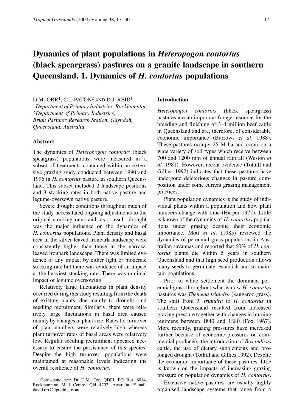 Dynamics of Plant Populations in Heteropogon Contortus (Black Speargrass) Pastures on a Granite Landscape in Southern Queensland