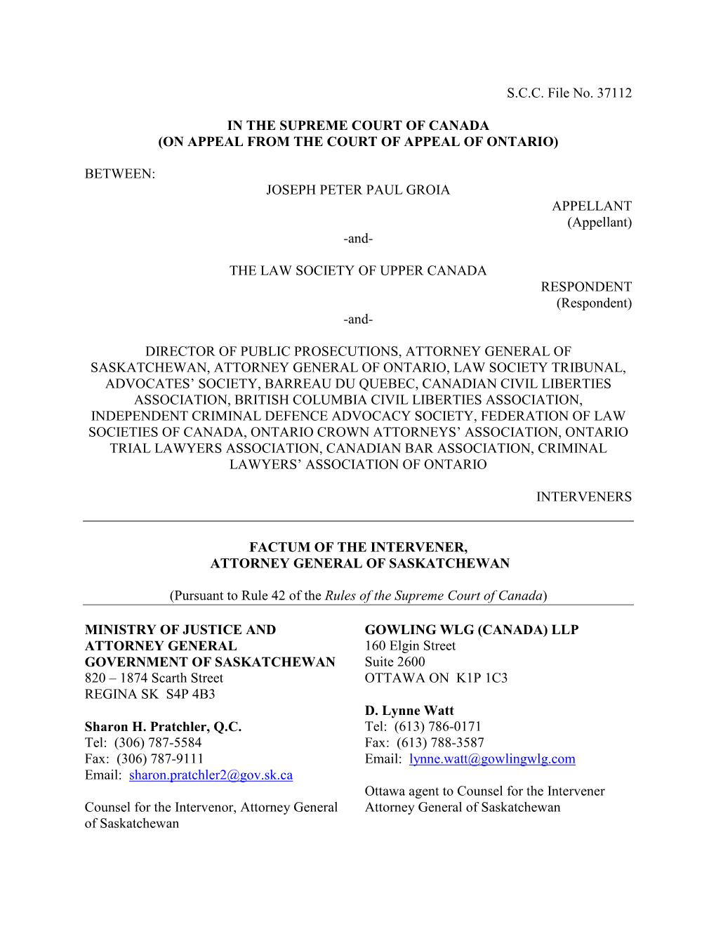 SCC File No. 37112 in the SUPREME COURT of CANADA