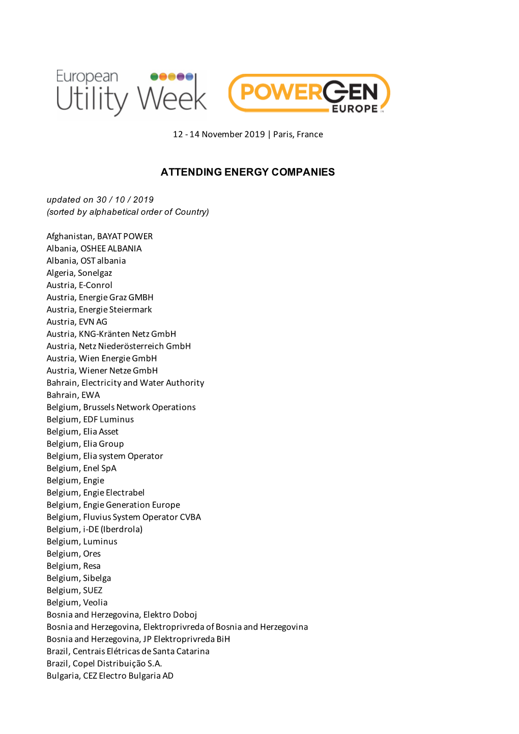 ATTENDING ENERGY COMPANIES Updated on 30 / 10 / 2019 (Sorted by Alphabetical Order of Country)