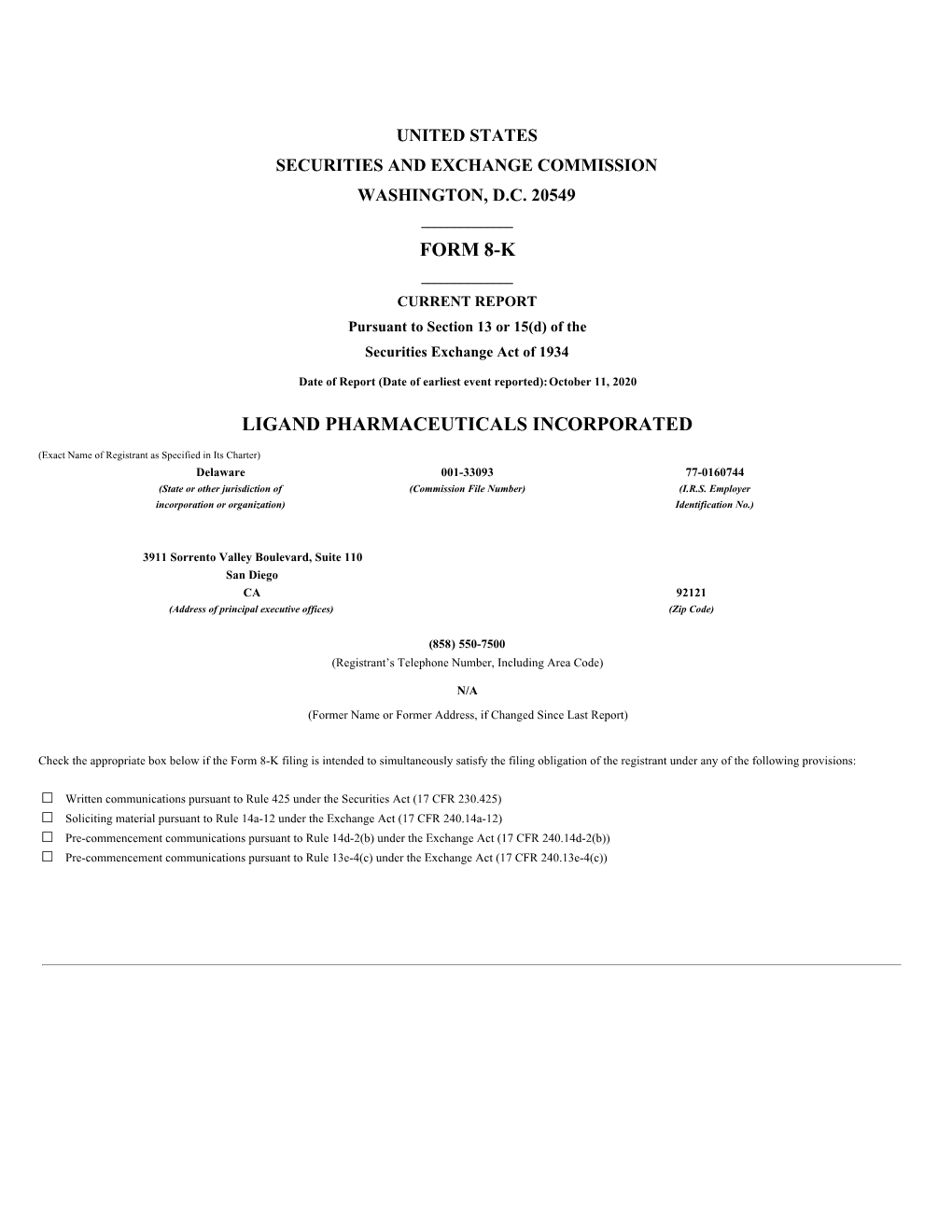 Form 8-K Ligand Pharmaceuticals