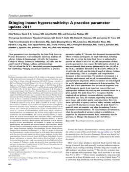 Stinging Insect Hypersensitivity: a Practice Parameter Update 2011
