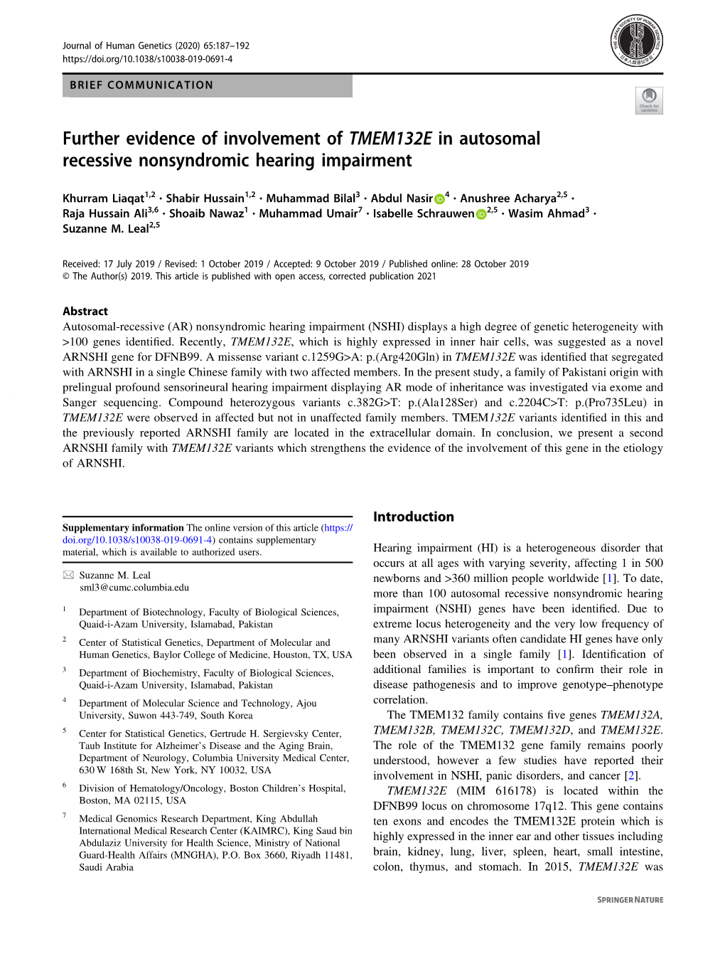 Further Evidence of Involvement of TMEM132E in Autosomal Recessive Nonsyndromic Hearing Impairment