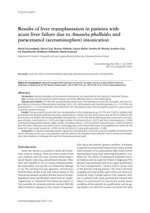 Results of Liver Transplantation in Patients with Acute Liver Failure Due to Amanita Phalloides and Paracetamol (Acetaminophen) Intoxication