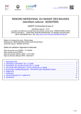 REBORD MERIDIONAL DU MASSIF DES BAUGES (Identifiant National : 820007699)