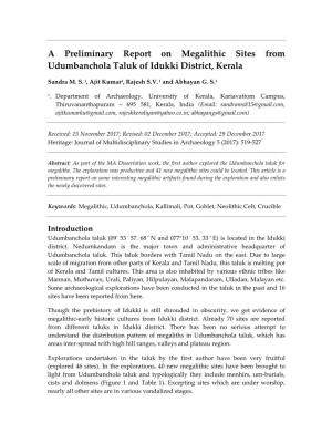 A Preliminary Report on Megalithic Sites from Udumbanchola Taluk of Idukki District, Kerala