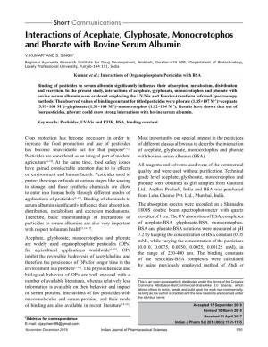 Interactions of Acephate, Glyphosate, Monocrotophos and Phorate with Bovine Serum Albumin