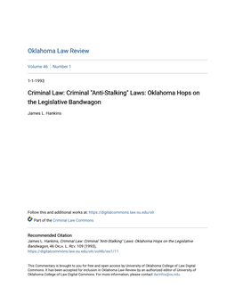 "Anti-Stalking" Laws: Oklahoma Hops on the Legislative Bandwagon