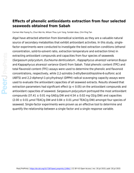 Effects of Phenolic Antioxidants Extraction from Four Selected Seaweeds Obtained from Sabah