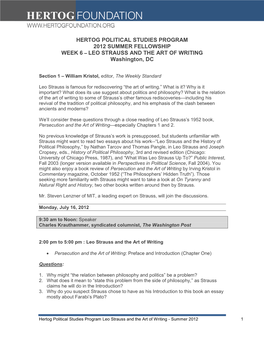 HERTOG POLITICAL STUDIES PROGRAM 2012 SUMMER FELLOWSHIP WEEK 6 – LEO STRAUSS and the ART of WRITING Washington, DC