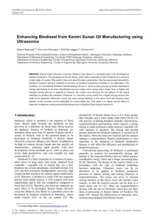 Enhancing Biodiesel from Kemiri Sunan Oil Manufacturing Using Ultrasonics