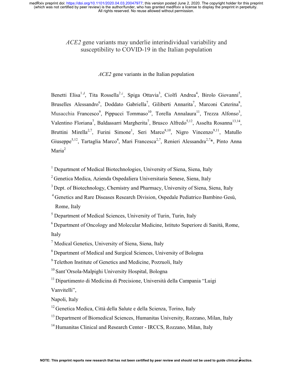 ACE2 Gene Variants May Underlie Interindividual Variability and Susceptibility to COVID-19 in the Italian Population