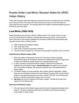 Lord Minto: Revision Notes for UPSC Indian History