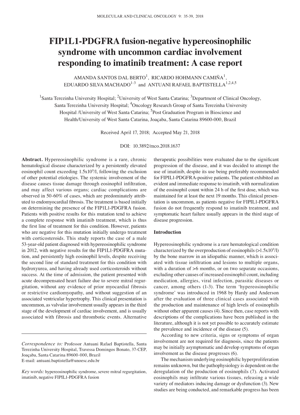 FIP1L1‑PDGFRA Fusion‑Negative Hypereosinophilic Syndrome with Uncommon Cardiac Involvement Responding to Imatinib Treatment: a Case Report