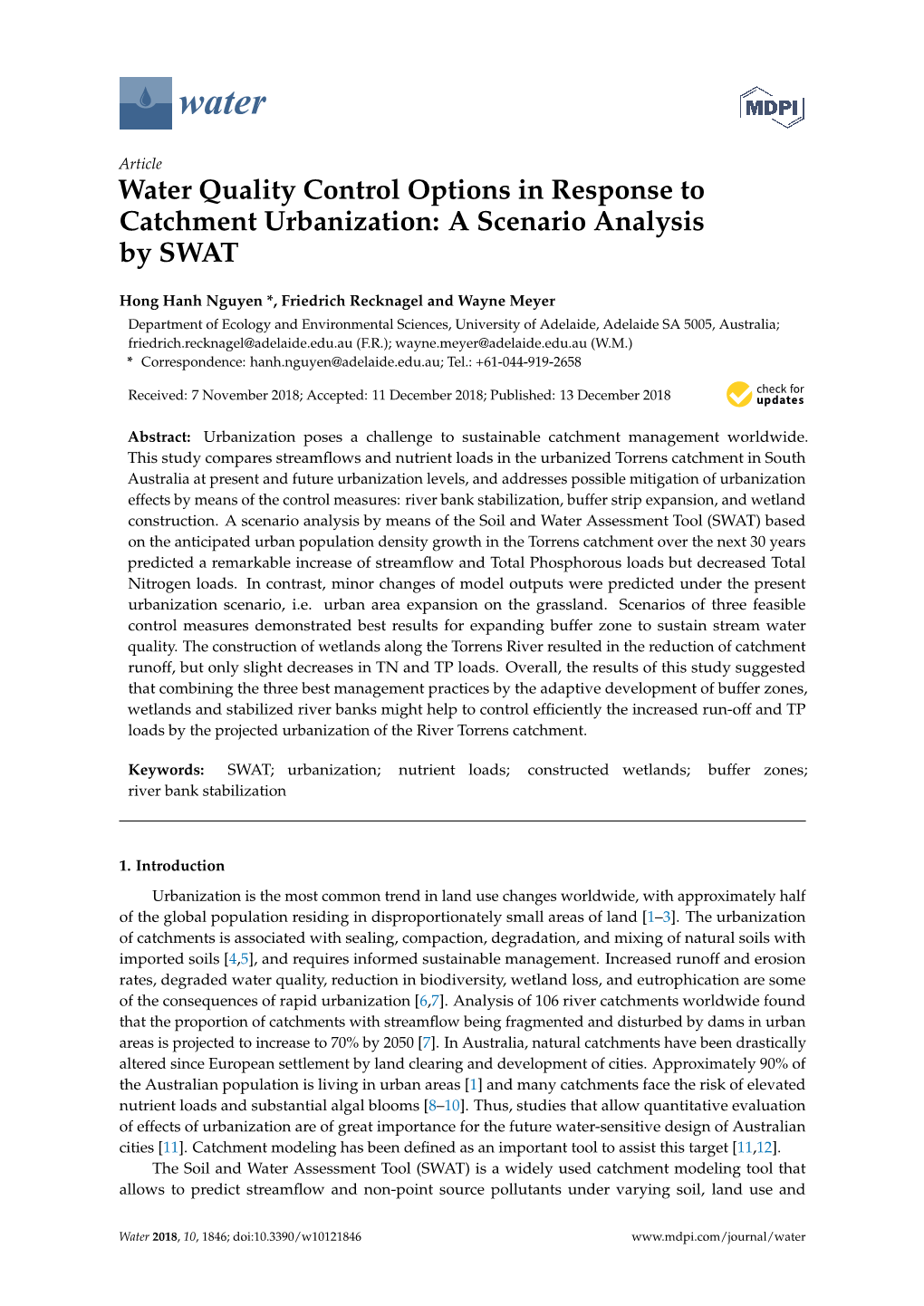 Water Quality Control Options in Response to Catchment Urbanization: a Scenario Analysis by SWAT