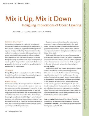 Mix It Up, Mix It Down , Volume 1, a Quarterly 22, Number the O Journal of Intriguing Implications of Ocean Layering