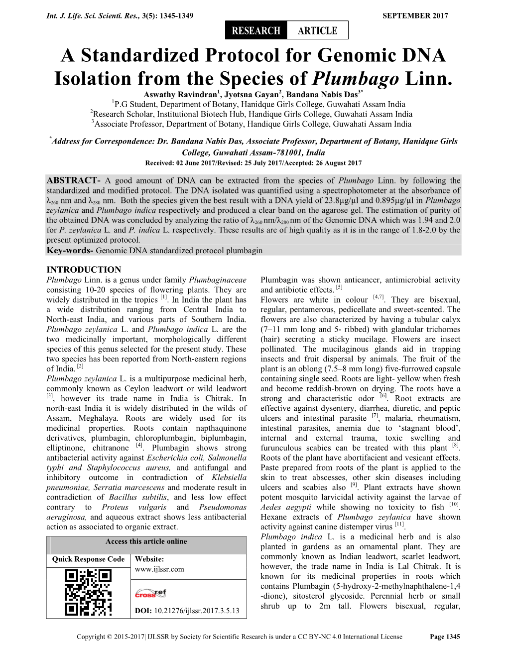 A Standardized Protocol for Genomic DNA Isolation from the Species of Plumbago Linn