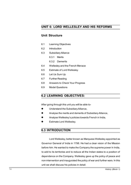 LORD WELLESLEY and HIS REFORMS Unit Structure