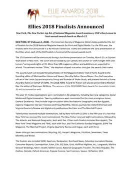 Ellies 2018 Finalists Announced