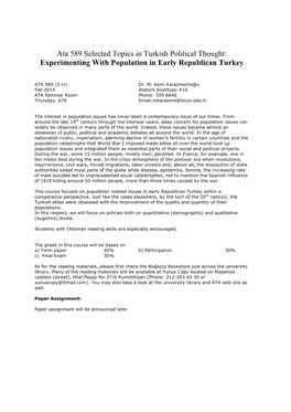 Ata 589 Selected Topics in Turkish Political Thought: Experimenting with Population in Early Republican Turkey