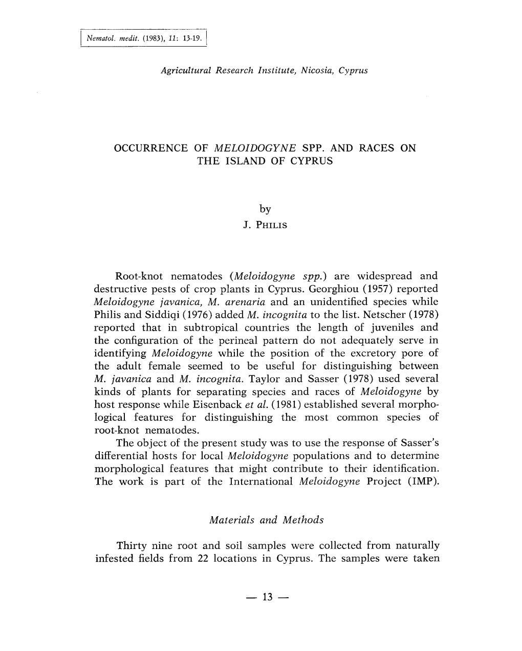 Occurrence of Meloidogyne Spp. and Races on the Island of Cyprus