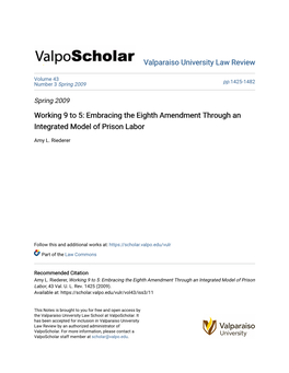 Working 9 to 5: Embracing the Eighth Amendment Through an Integrated Model of Prison Labor