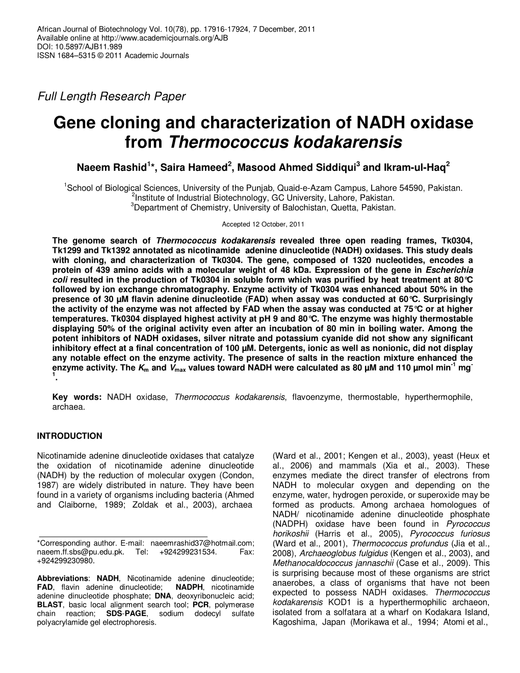 Gene Cloning and Characterization of NADH Oxidase from Thermococcus Kodakarensis