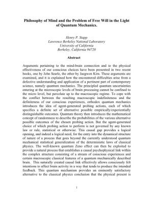 Philosophy of Mind and the Problem of Free Will in the Light of Quantum Mechanics