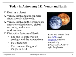 Today in Astronomy 111: Venus and Earth