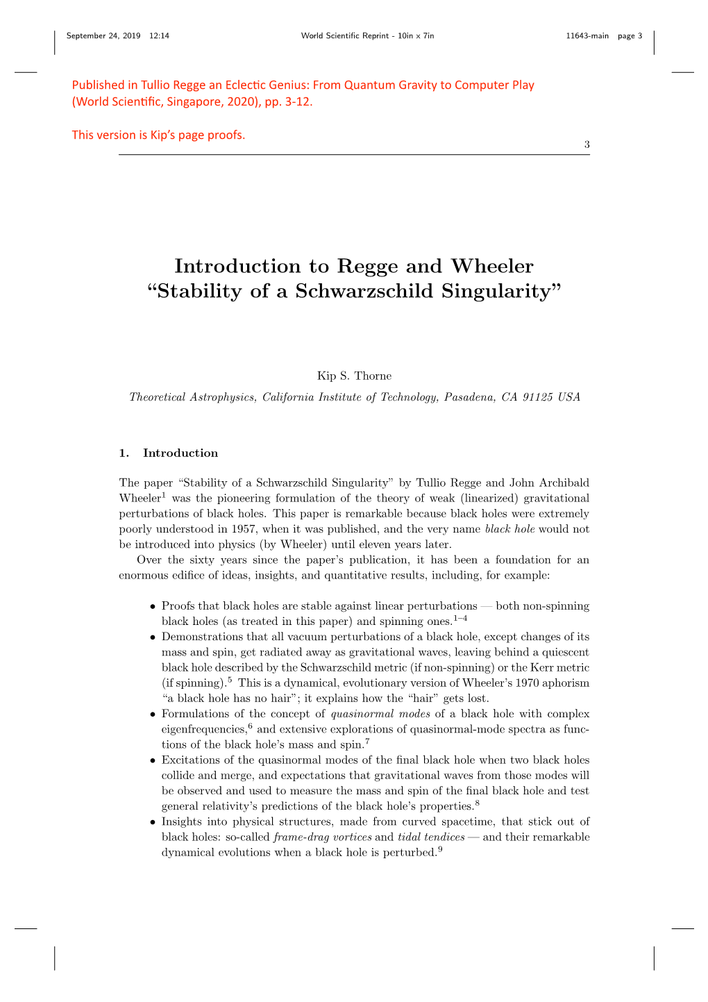 Introduction to Regge and Wheeler “Stability of a Schwarzschild Singularity”