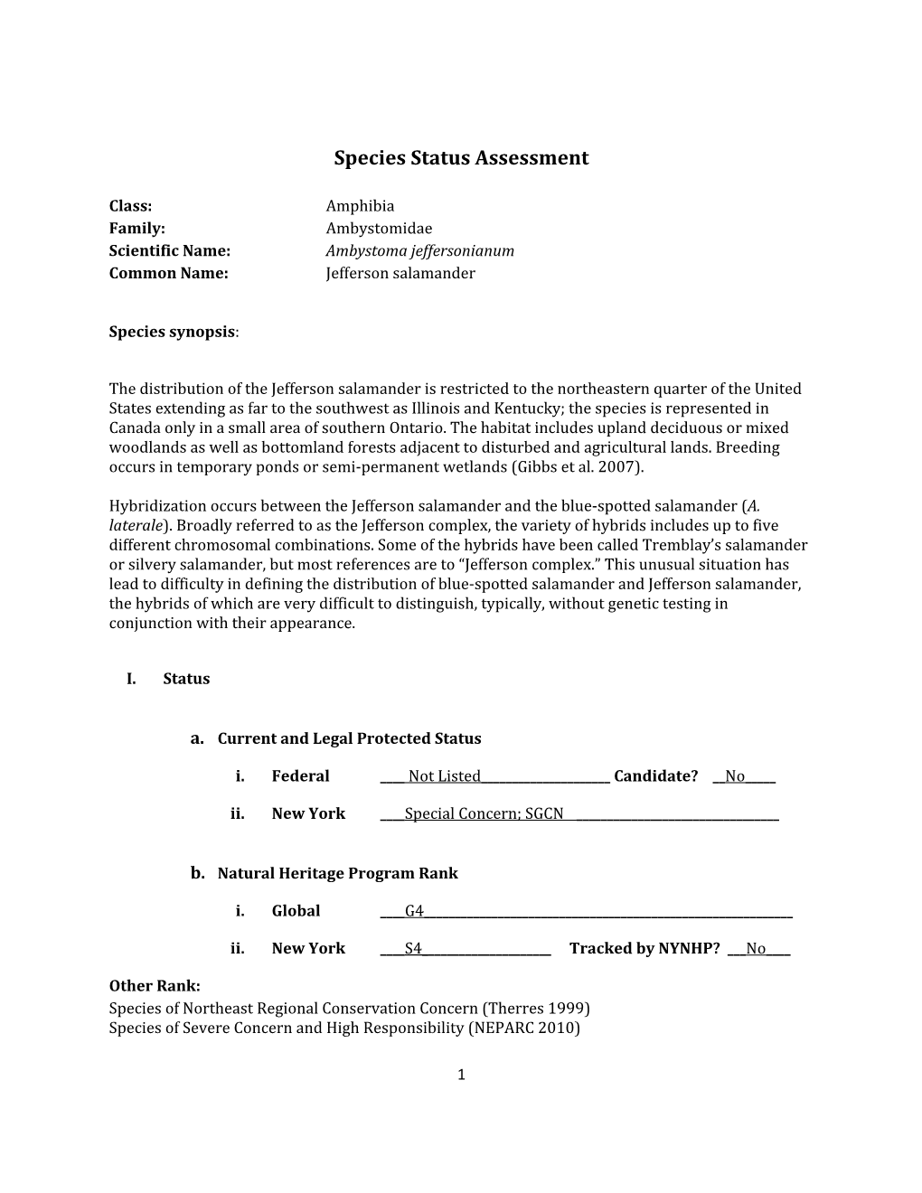 Species Assessment for Jefferson Salamander