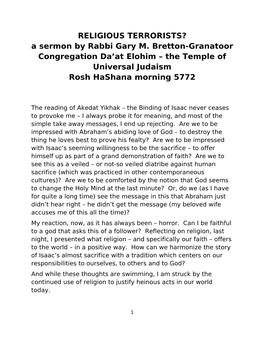 RELIGIOUS TERRORISTS? a Sermon by Rabbi Gary M. Bretton-Granatoor Congregation Da’At Elohim – the Temple of Universal Judaism Rosh Hashana Morning 5772