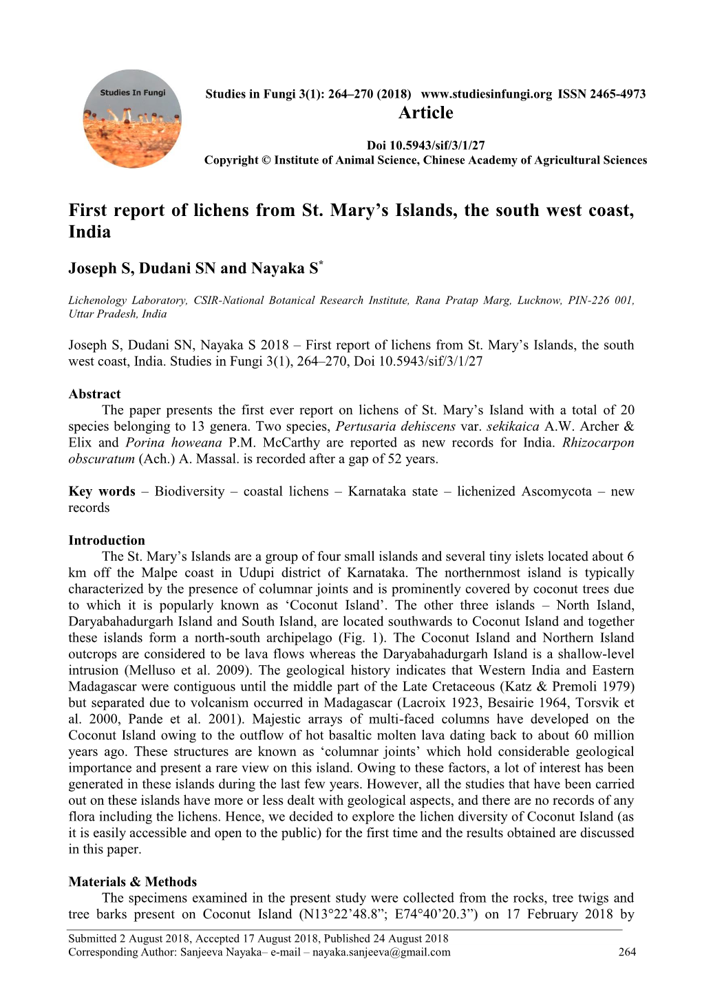 First Report of Lichens from St. Mary's Islands, the South West Coast, India